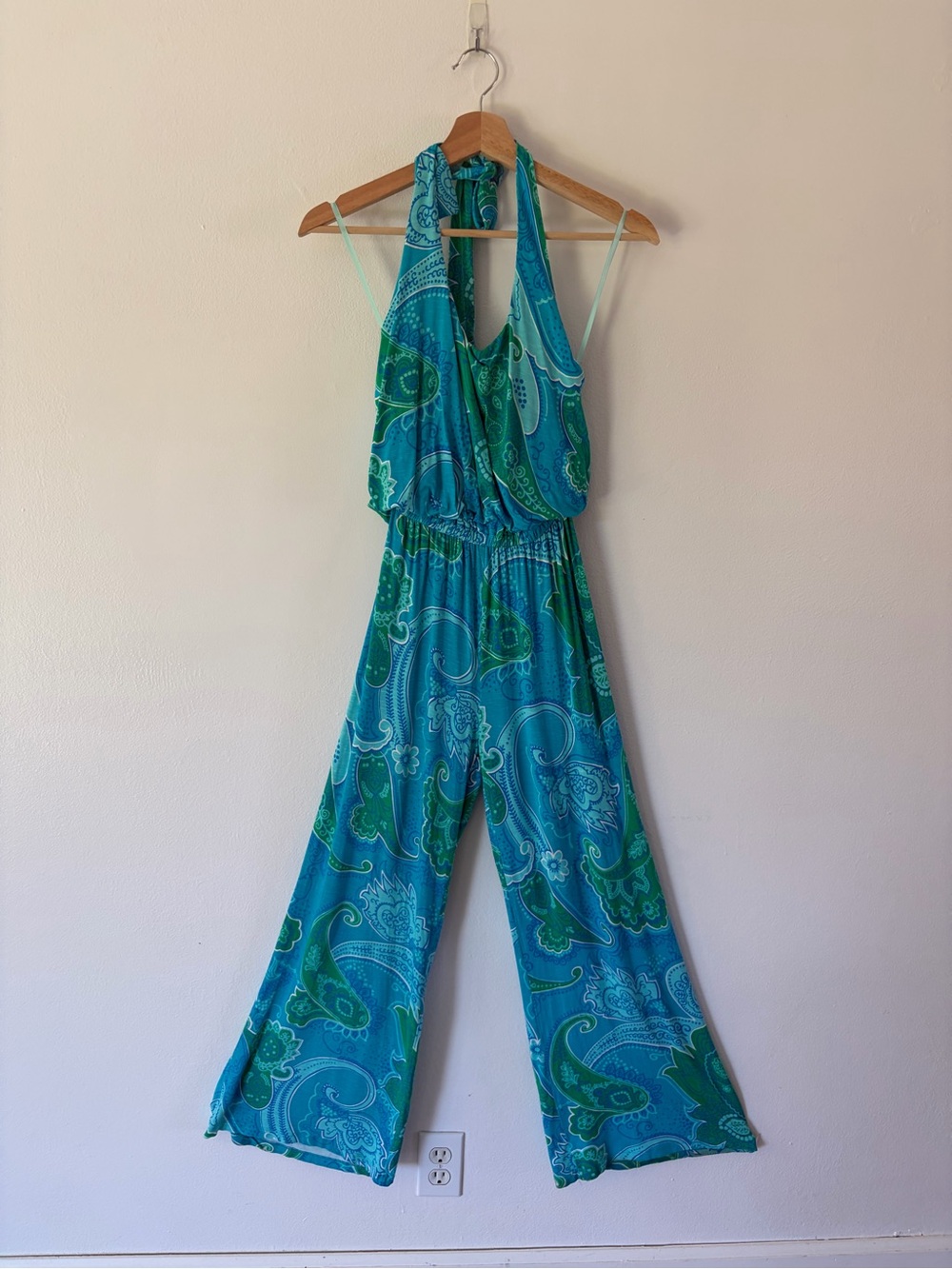 Tori‎ Richard Halter Tie Top Blue & Green Paisley Wide Leg Jumpsuit Size XS